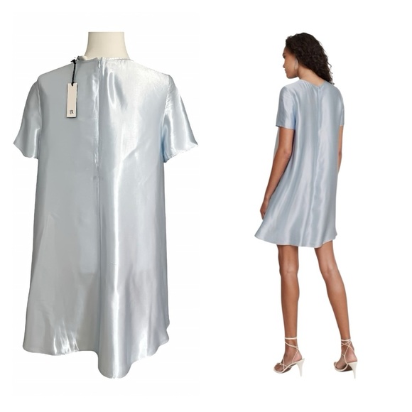 Aurelia Satin Trapeze Mini Dress XS Blue EcoVero A-Line Short Cape Sleeve NWT - Picture 2 of 12